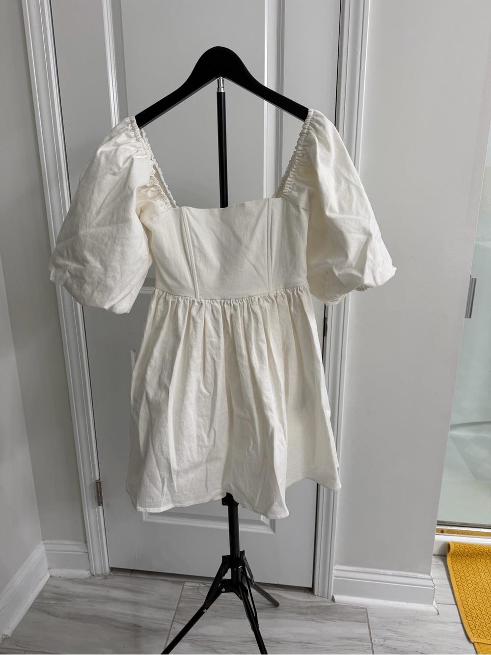 7 For All Mankind Ivory Puff Sleeve Mini Dress Medium Cottagecore Bow Back
